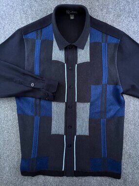 Silversilk Men's Large Button Up Knit Sweater Blue Geometric Rayon Blend